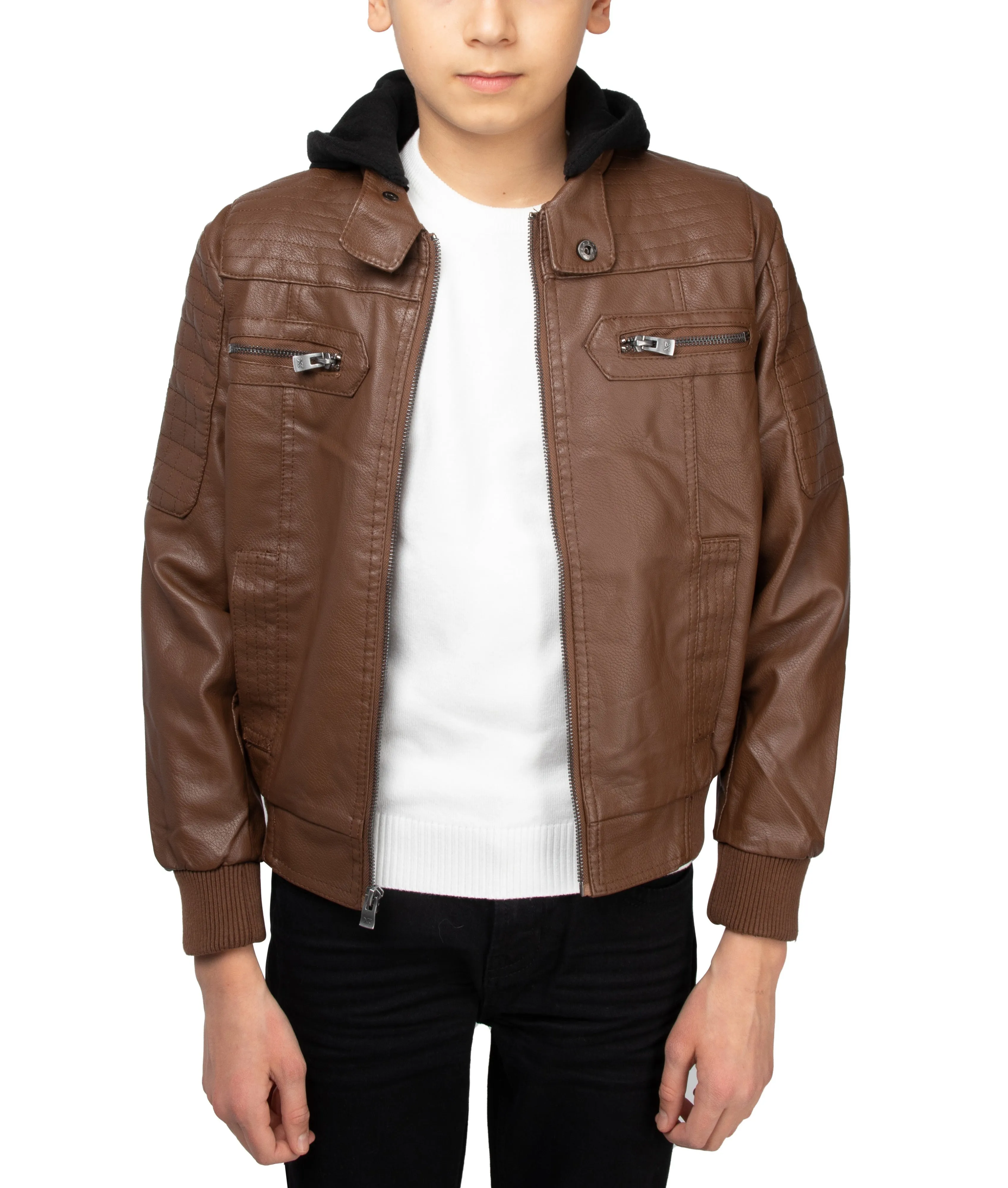 X RAY Boys Motorcycle PU Leather Jacket With Knit Hood