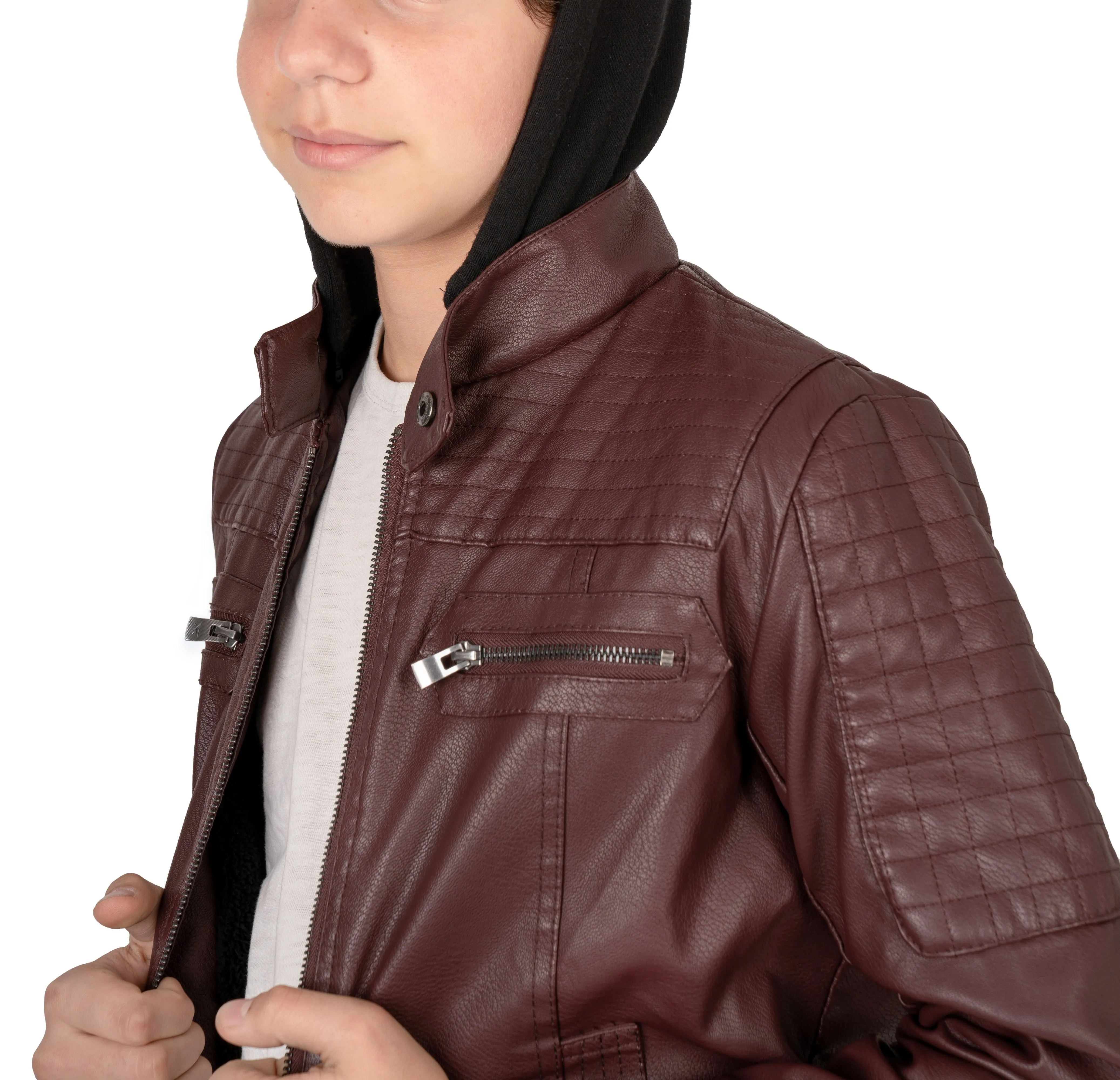 X RAY Boys Motorcycle PU Leather Jacket With Knit Hood